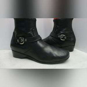 ARAVON Black Leather Zip Buckle Strap Ankle Boots  Size 9.5